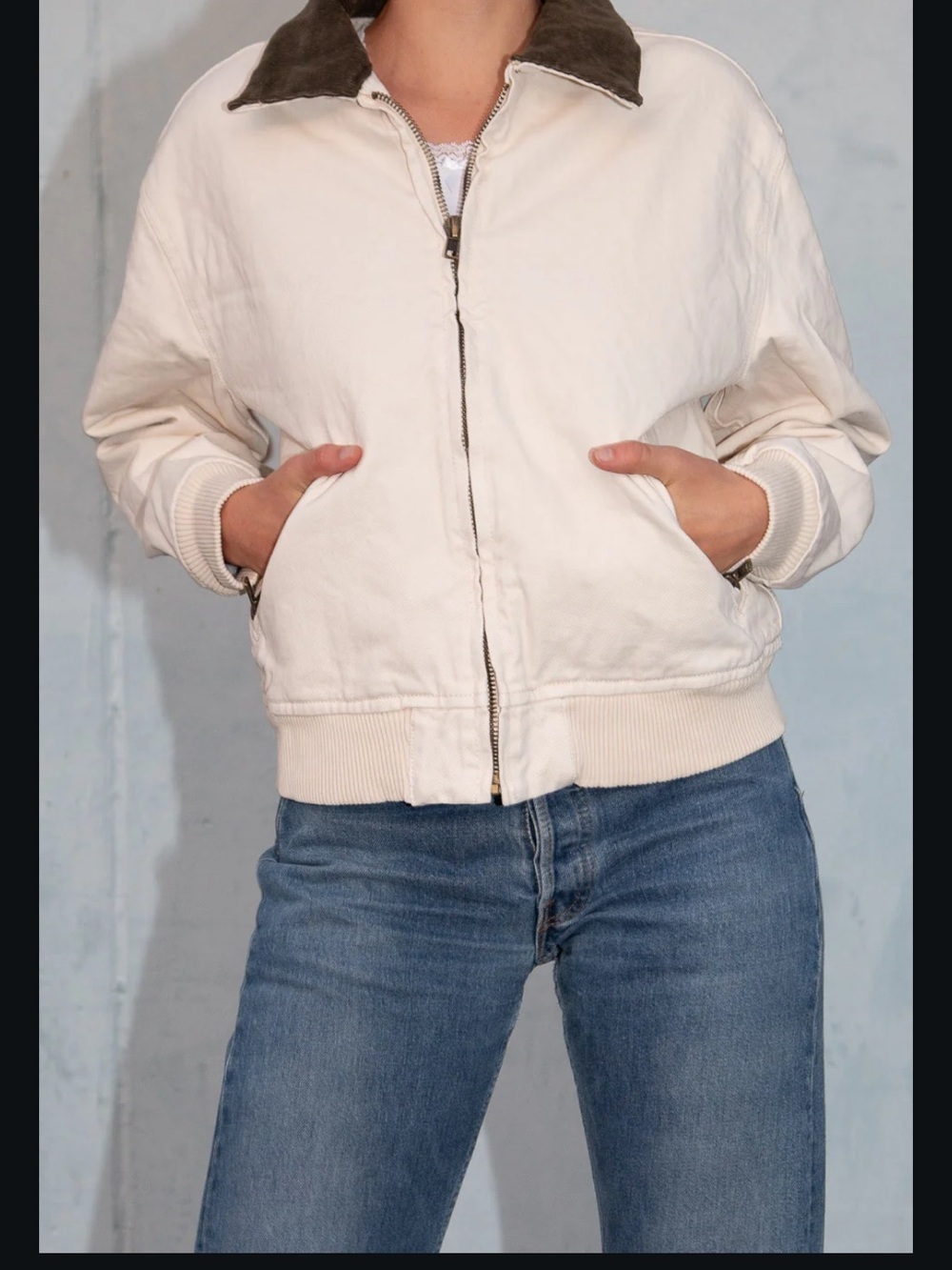 Brandy J.Galt Cream Zip-Up Bomber Jacket with Brown Corduroy Collar